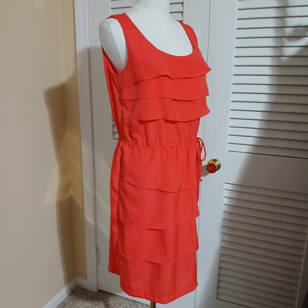 Dressbarn 8 Coral Sleeveless Layered Ruffles cinch-tie waist knee-length